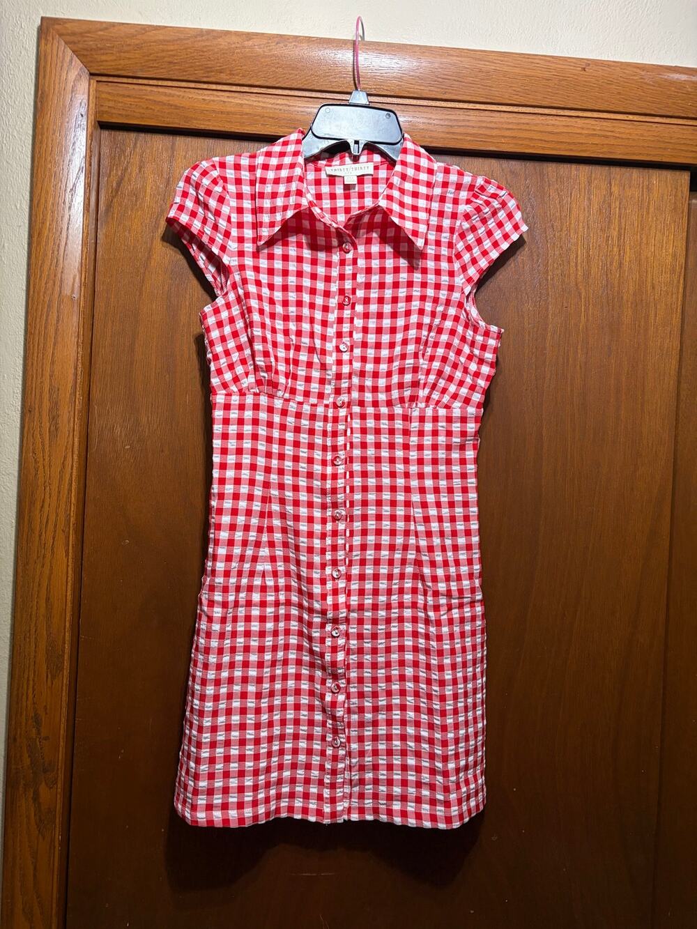 Thirty/Thirty LA Red White Gingham Button Front Collared Mini Dress M NWT